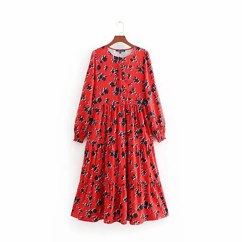 Prix 2019 femmes mode imprimé floral rouge longue robe dames o cou plissé grand swing chic vestidos rétro marque robes de soirée DS1897
