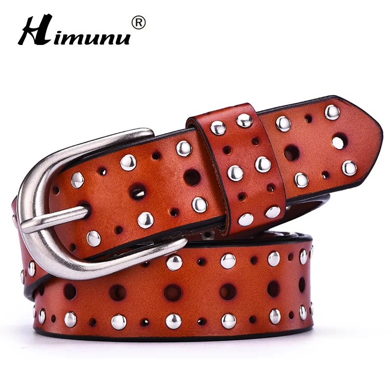 

[HIMUNU] Fashion Brand Genuine Leather Belts for Women Vintage Rivet Design Cowskin Belt Woman Top Quality Women belt 5 Colors