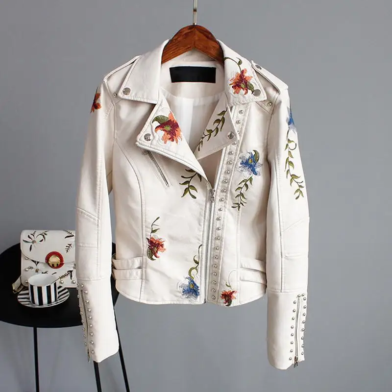 Ly Varey Lin цветочный принт вышивка искусственная мягкая кожаная куртка женская Pu мотоциклетная куртка женская черная панк на молнии с заклепками верхняя одежда - Цвет: Beige