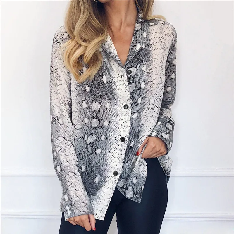 

Women Blouses Summer Long Sleeve Chiffon Blouse Snake Skin Pint Tops Turn Down Collar Elegant Office Shirt Tunic Camisa Feminina