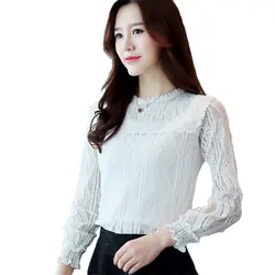 С длинным рукавом 2017 Для женщин блузка элегантный кружевная блузка рубашка белая Embroiderly Блузки для малышек открытые модные Корейский