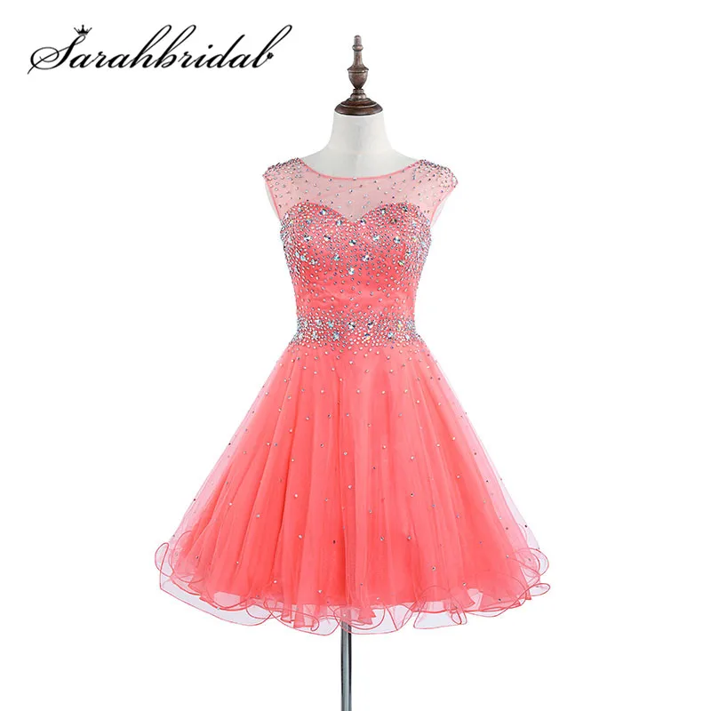 

Sky Blue Short Prom Dress Hot Sheer Neck Backless Tulle with Crystals Beads Cheap In Stock Homecoming Party Gowns AJ032