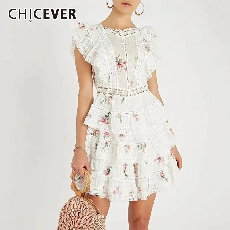 

CHICEVER Summer Sweet Floral Print Dress For Women O Neck Sleeveless Tank Patchwork Ruffles High Waist Mini Ball Gown Dresses