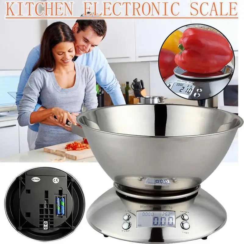  Stainless Digital Electronic Food Balance Cuisine Precision Kitchen Food Scales with Bowl 5kg 1g Co - 32996350274