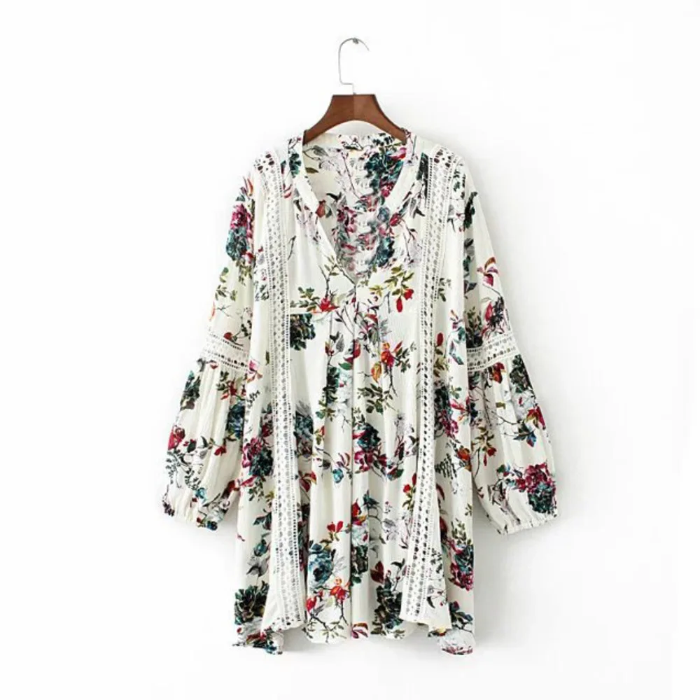 

[EWQ] 2019 spring autumn new pattern v-collar long sleeve print patchwork loose pullvoers casual dress women AH02312L
