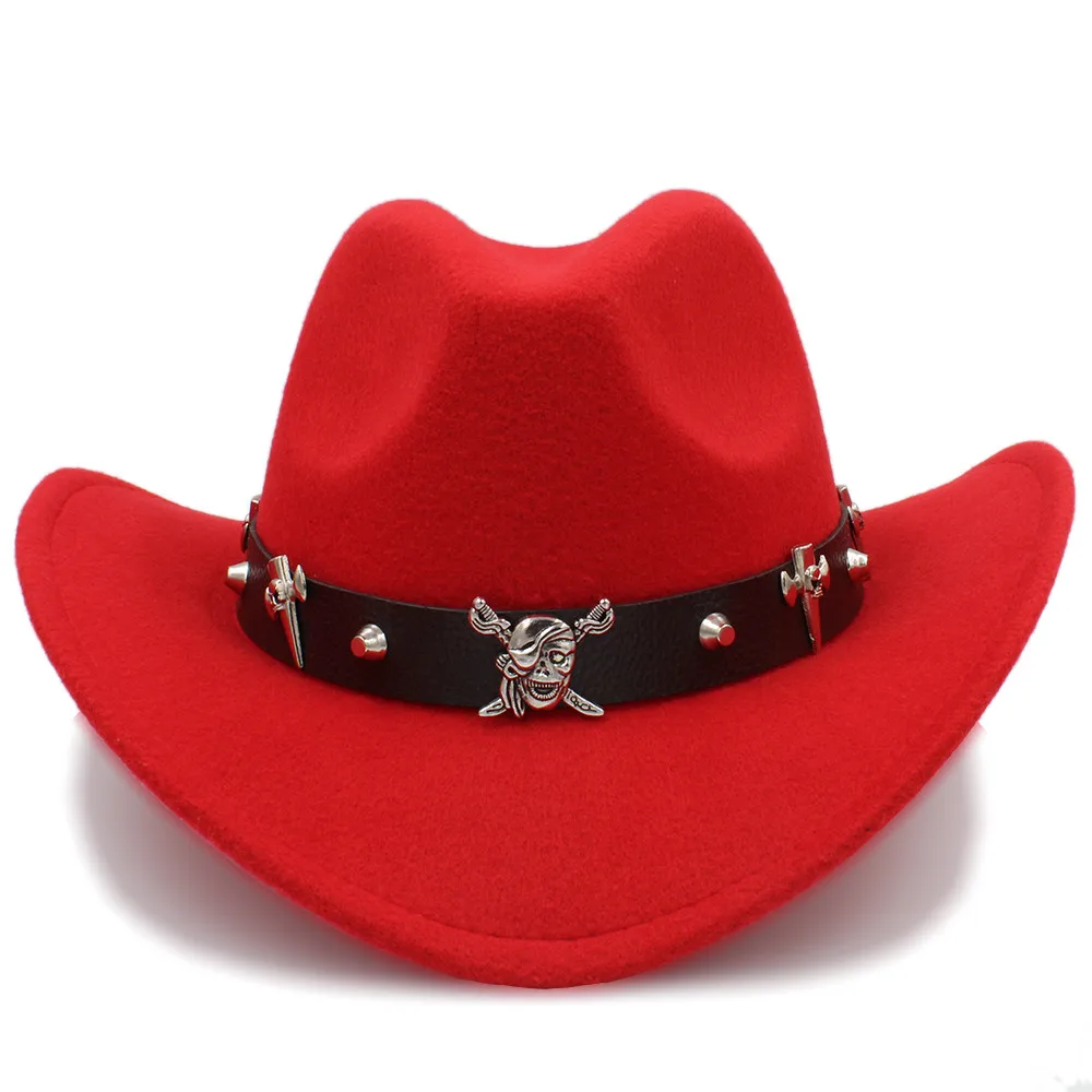 Модная женская шерстяная полая ковбойская шляпа в западном стиле, пиратский кожаный ремень, Мужская джазовая бейсболка, размер 56-58 см - Цвет: Red