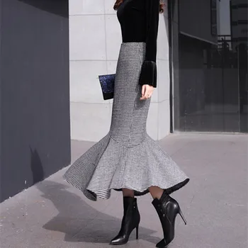 

High Quality Brands Women Woolen Skirts 2019 Fashion Winter New Retro Houndstooth Mermaid Skirt Trumpet High Waist Ruffles Mujer