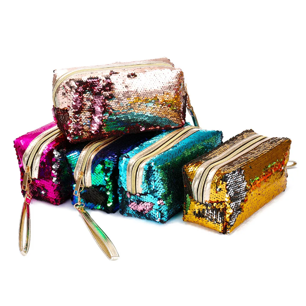 UOSC الترتر بريق التجميل أكياس مزدوجة اللون الترتر حقيبة مستحضرات التجميل حقيبة ماكياج الحقيبة النساء حورية البحر حزب حقائب يد