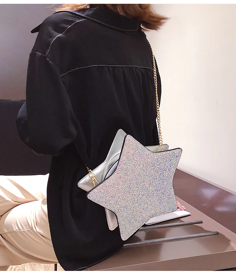 Sequins Stars Style Pu Leather Fashion Casual Ladies Chain Purse Shoulder Bag Tote Crossbody Mini Bag Female Bolsa Handbag Flap