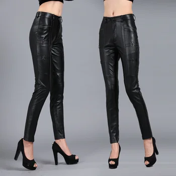 Women's Genuine Sheepskin Leather Pants Slim Fit Pencil Trousers Large Size 5XL for Autumn Winter