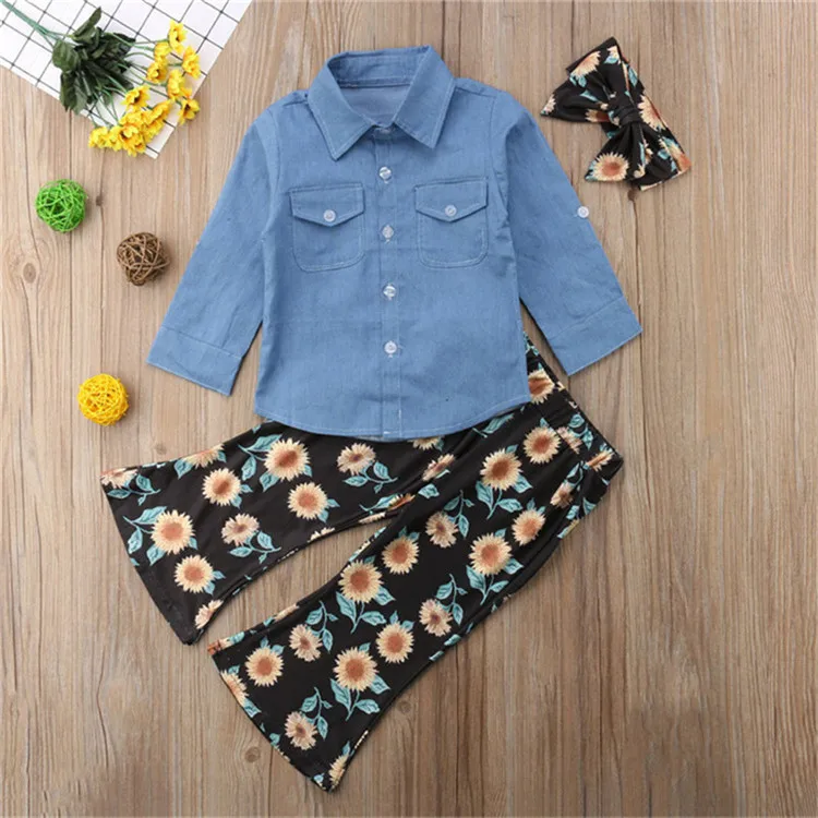 Pasgeboren-Kids-Baby-Meisjes-Denim-Lange-Mouw-T-shirt-Zonnebloem-Broek-Hoofdband-Outfits