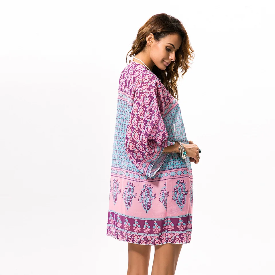 Women's V-neck fresh and sweet ethnic style collar bohemian beach chiffon printed blouse loose casual office femme blouse shirt