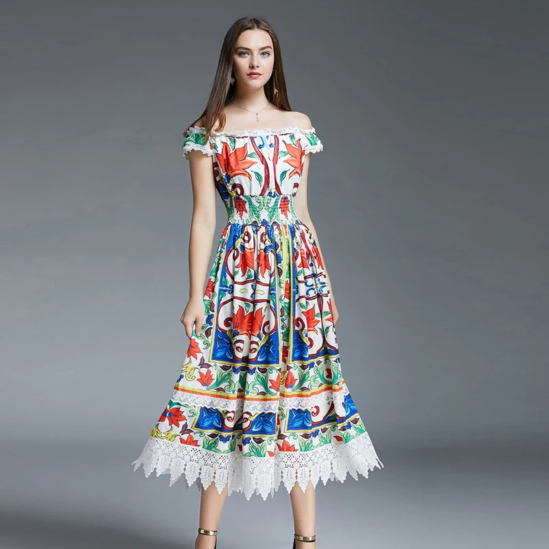 Летнее дизайнерское подиумное платье для женщин Vestidos элегантное с вырезом лодочкой Винтажное с принтом большие качели кружевное лоскутное миди Хлопковые Платья