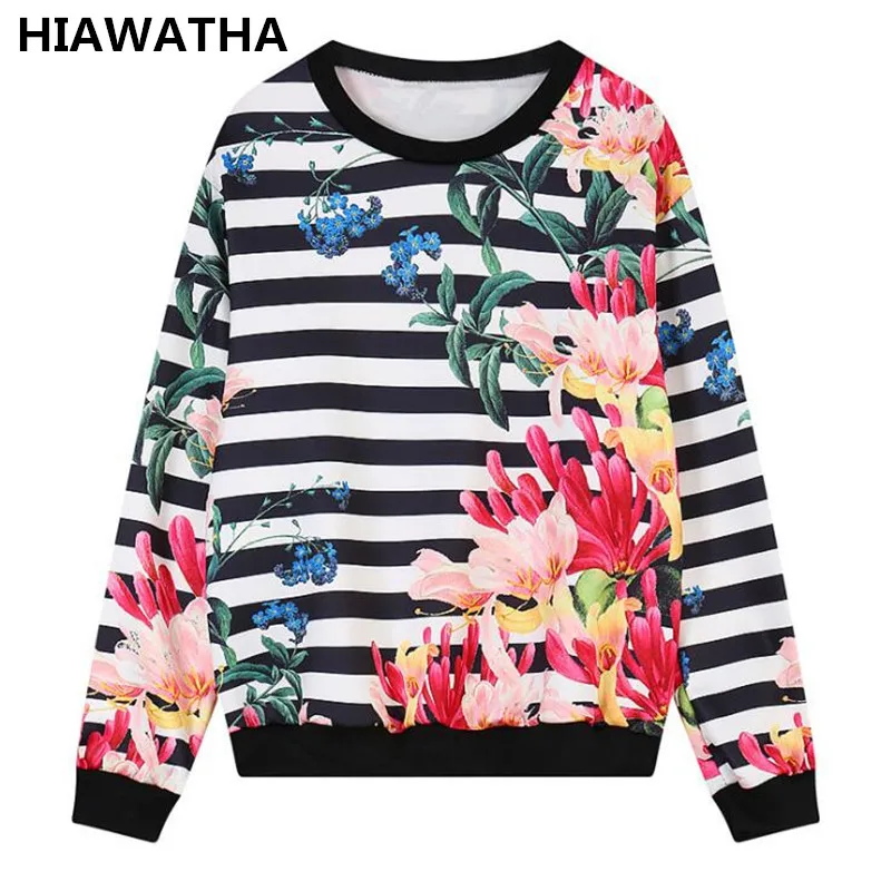 

Hiawatha Spring O-Neck Hoodies For Women Striped Floral Digital Printed Sweatshirt Loose Long Sleeve Harajuku Sweatshirts T1861