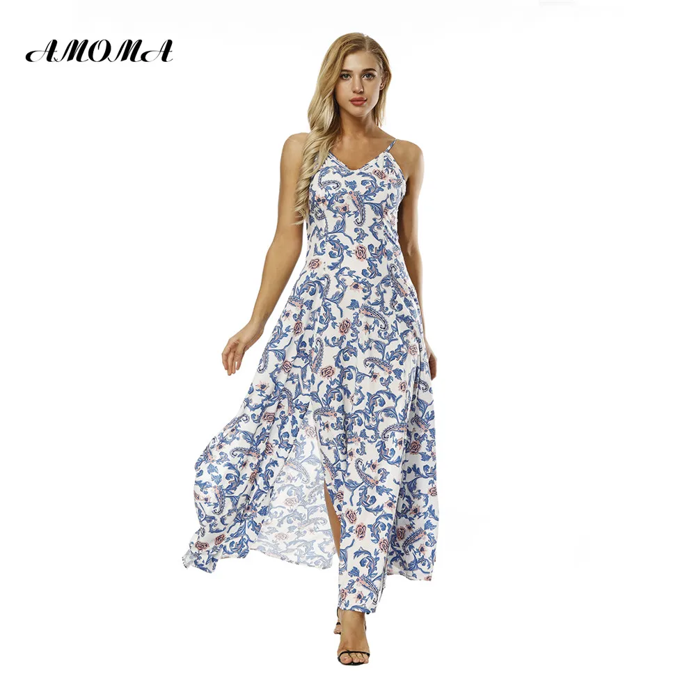 Bohemian Beach Maxi Dress Sleeveless Floral Print Split Dresses For Women Bohemian Beach Maxi Dress Sleeveless Floral Print Split Dresses For Women