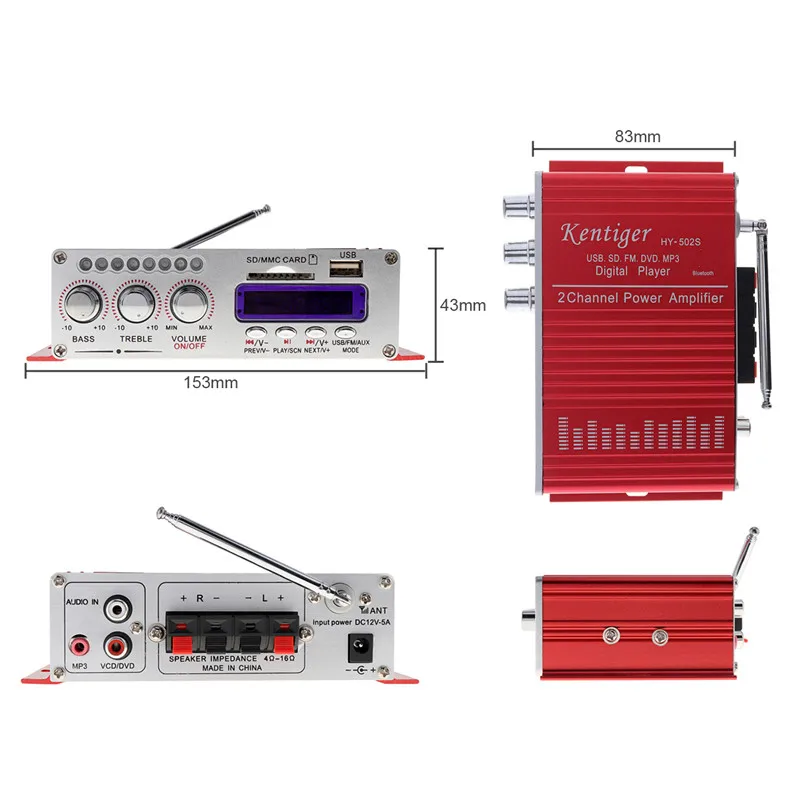 HY-502S DC12V 2-канальный Hi-Fi Bluetooth цифровой автомобильный аудио плеер Авто усилитель мощности fm-радио стерео плеер Поддержка SD USB MP3 DVD