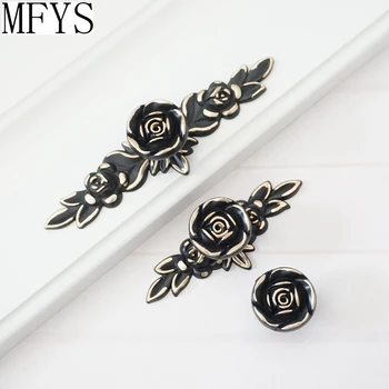 

Shabby Chic Dresser Drawer Knobs Pulls Black Gold Rose / Flower Kitchen Cabinet Knobs Handles Ornate Knob Back Plate Hardware
