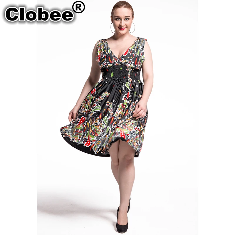 

Ethnic 2019 Women Summer Dress A Line V Neck Sleeveless Sexy Knee Length 6XL 7XL Plus Size Dress Vestido curto vestidos de festa