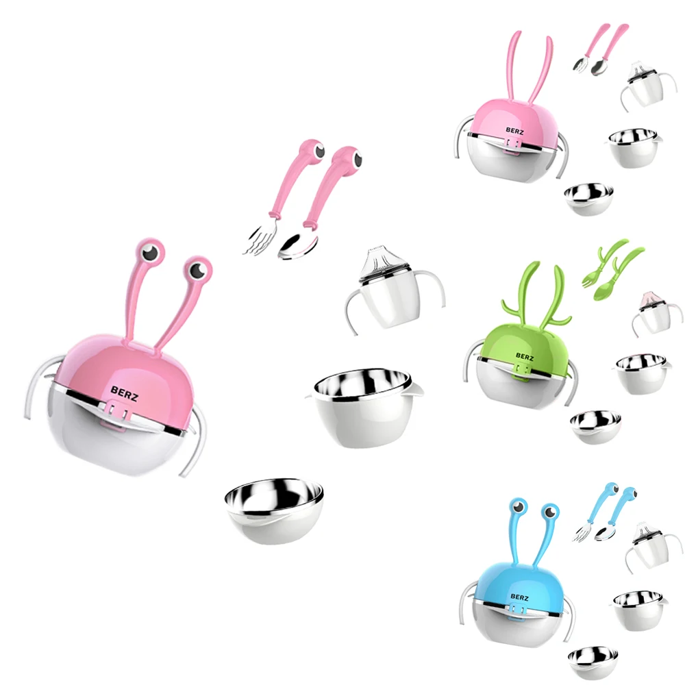

5Pcs Stainless Steel Dinnerware Set Stack-up Portable Baby Tableware Kids Cups + Plates + Bowls + Fork + Spoon For Baby Toddler