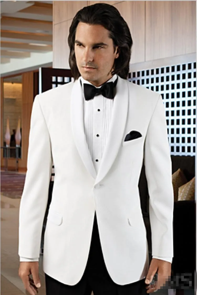 Imperio Inca sorpresa Paraíso Esmoquin para los hombres shawl lapel novios traje de chaqueta blanca con negro  Pantalones boda Trajes groomsmen traje (chaqueta + pantalones + arco)  chaqueta|tuxedos for men|white tuxedo for mengroom tuxedos white -