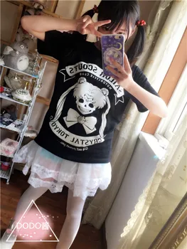 

Summer O-Neck Short Print Long T-Shirt Sailor Moon Print Loose Lovely Sweet Black Pink Top Mori Girl Style Small Fresh