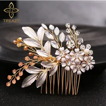 TREAZY Handmade Floral Wedding Hair Comb Sparkling Gold Color Crystal Enamel Flower Bridal Tiaras Top Jewelry Hair Accessories