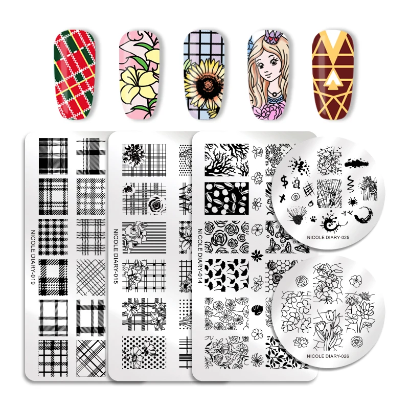 

NICOLE DIARY Flower Grid Nail Stamping Plates Rectangle Round Illusion Plaid Geometric Image Print Stencil Nail Stamp Template