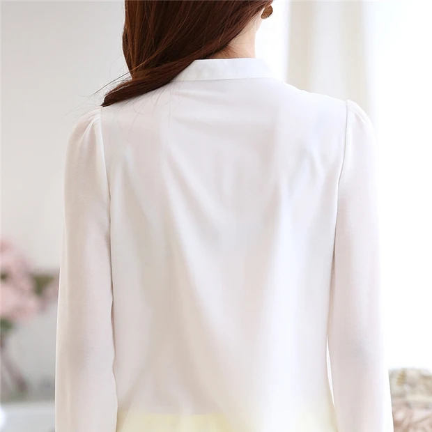 Новое поступление размера плюс белая шифоновая рубашка с длинным рукавом Женская Корейская Кружевная блуза с бисером женская одежда 602F15
