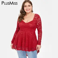 PlusMiss плюс Размеры 5XL вырезать кружева вязаный крючком Длинная блузка женские большие размеры спинки открытой спиной черные топы с длинными