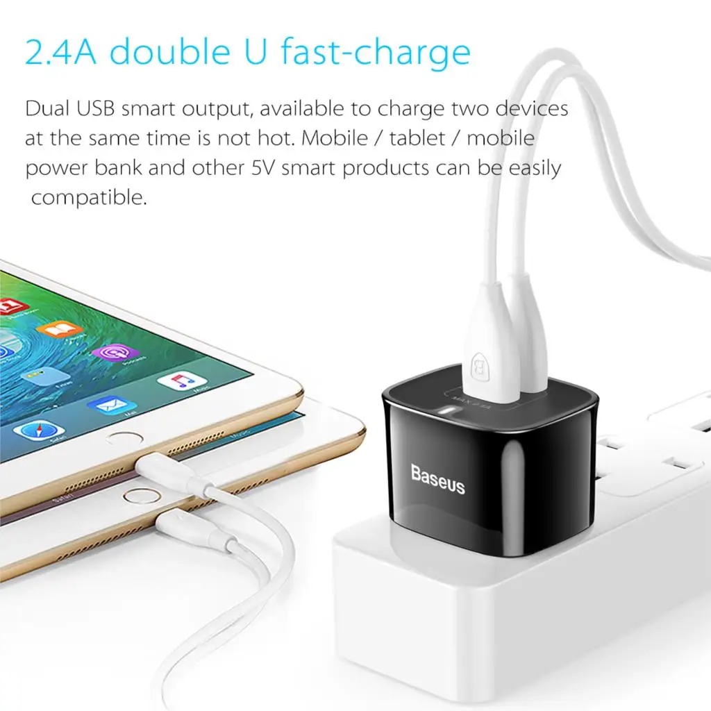 Baseus المزدوج منافذ شاحن يو اس بي المملكة المتحدة التوصيل USB السفر الحائط مهايئ شاحن 5 V 2.4A الهاتف المحمول شاحن آيفون Xs سامسونج Xiaomi