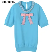 GRUIICEEN Весенняя Новая роскошная футболка с круглым вырезом и бусинами вручную женские Элегантные галстуки-бабочки декоративные женские вязаные топы