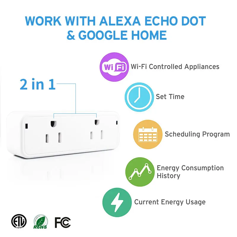 Умная WiFi розетка с выключателем питания US Plug Alexa/Google Home App control US Plug 15A белый