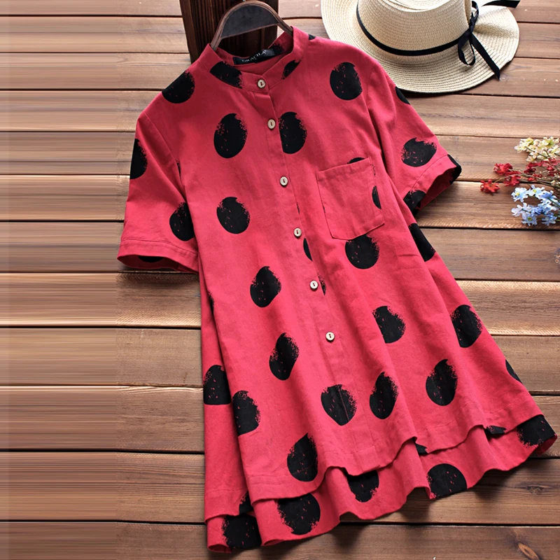 Vente Blouses 2018 D été Femmes Coton Lin Polka Dot Imprimé Shirt Vintage Col montant Chemisier Occasionnel Femelle Lâche Top T shirts Blusas