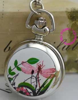 

wholesale buyer price good quality fashion new silver colorful dragonfly pocket watch necklace hour clock with chain antibrittle