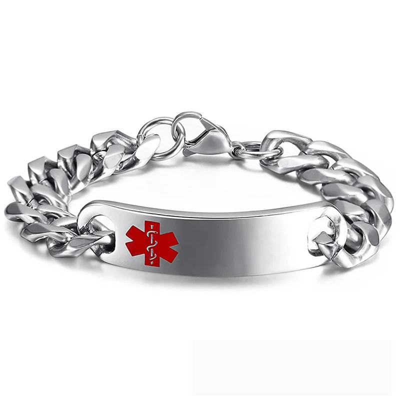 Идентификатор медицинской опасности браслет Высокая полировка нержавеющая сталь кубинская цепь звено браслеты для мужчин мужские рок ювелирные изделия