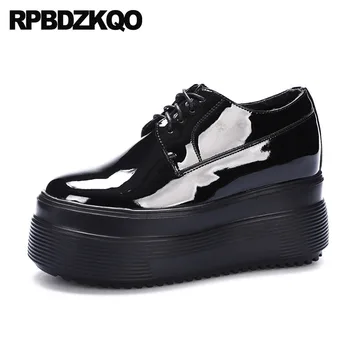 

Lace Up Patent Leather White Muffin Oxfords Women Creepers Platform Shoes Black Thick Sole Gothic British Style Elevator Spring