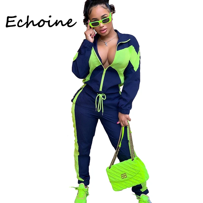 

Echoine Women Tracksuit Color Patchwork Zipper Long Sleeve Crop Top + Pants 2 Piece Set Women Sport Wear