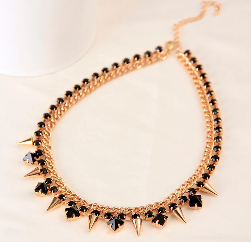 YFJEWE, стиль, модное ювелирное изделие для женщин, черный кристалл, золотой цвет, ожерелье, цепочка с заклепками, вечерние аксессуары# N029