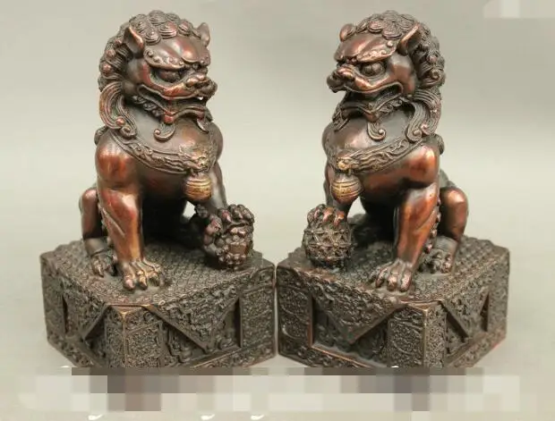 

S02904 Exquisit China FengShui Pure Bronze Guard Door Lion Fu Foo Dog Ball Statue Pair B0403