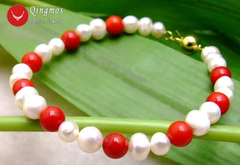 

Qingmos Trendy Natural Pearl Bracelets for Women with 6-7mm Round White Pearl and Red Coral Bracelet 7.5" -bra270 Free Shipping
