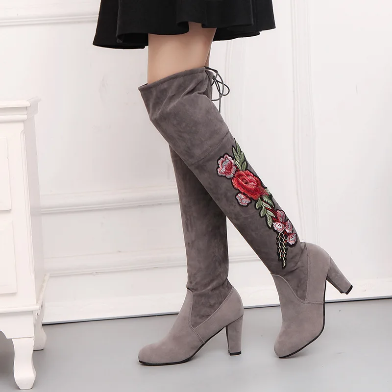 

Size 34-43 Women fashion High-top zipper Embroider High heel boots Long-barreled casual flats flock boots Tall Punk Shoes AC-75