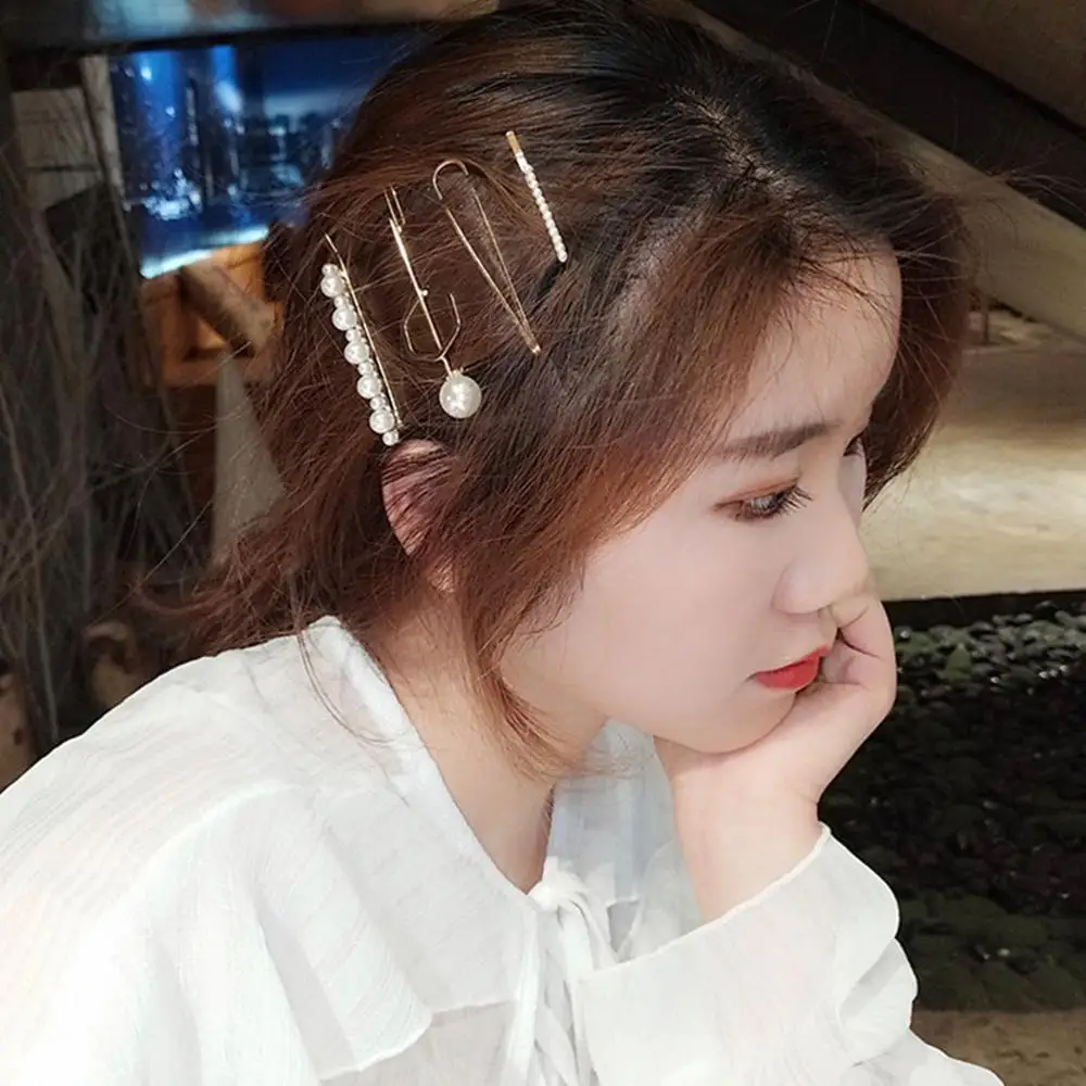 

4PC/SET Fashion Imitation Pearls Hair Clips for Women Metal Pentagram Hairpins Hexagon Barrettes ozdoby do wlosow