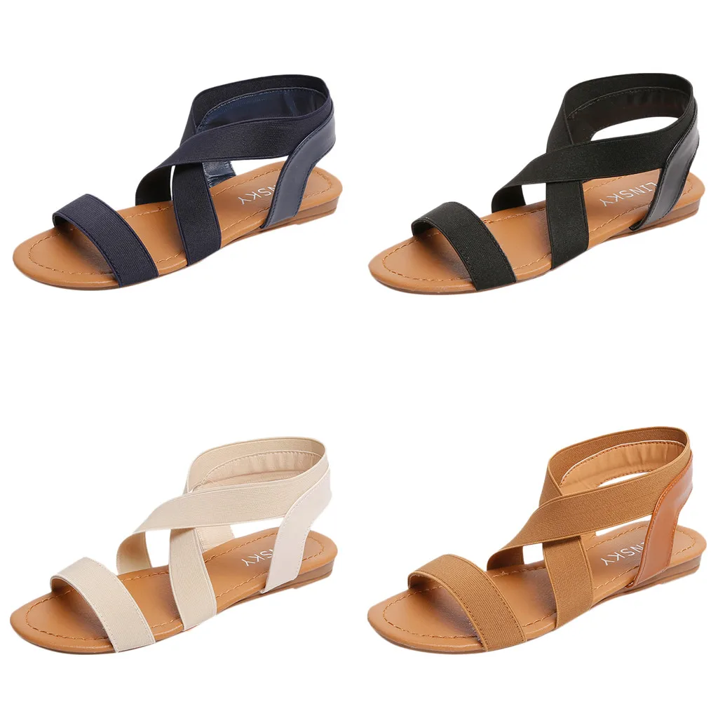 

Women Low Heel Anti Skidding Beach Shoes Elastic band Casual Rome Cross Strap Sandals Peep-toe Sandals