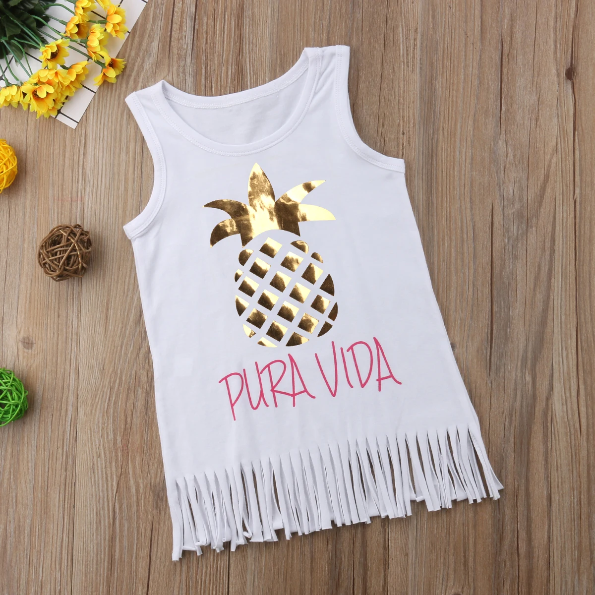 

2018 Summer Kids Toddler Baby Girls Pineapple Beach Vest Party Dress Tassel Summer White Casual Sundress