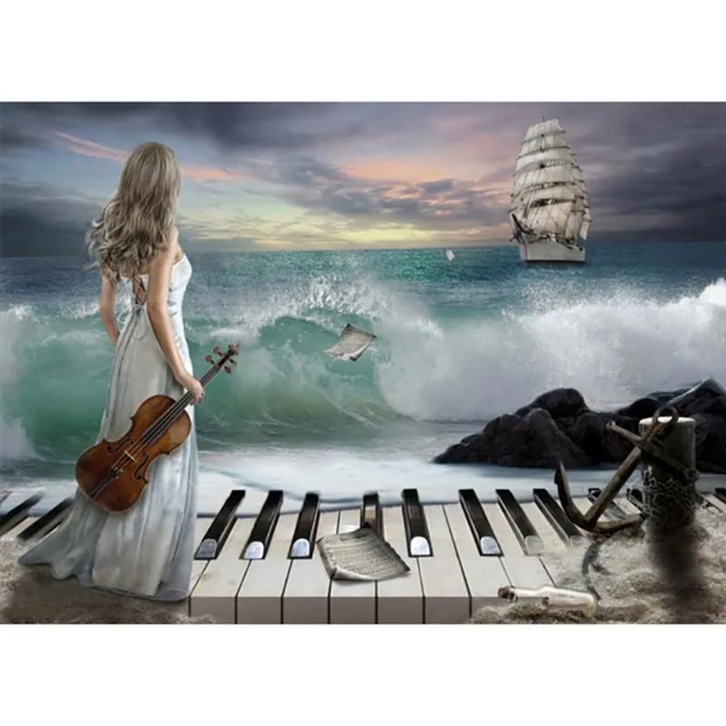 

Diamond Paintings Decor Home Wall Art Sea Ship Music Piano Violin And Girl Scenery 5D DIY Full Square Drill By Number Kit Canvas
