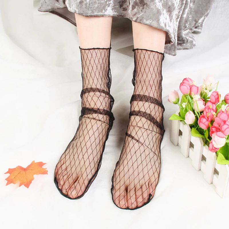 Новое поступление, женские сетчатые носки длиной по щиколотку с рюшами, кружевные короткие носки в сеточку, сексуальные носки с вышивкой