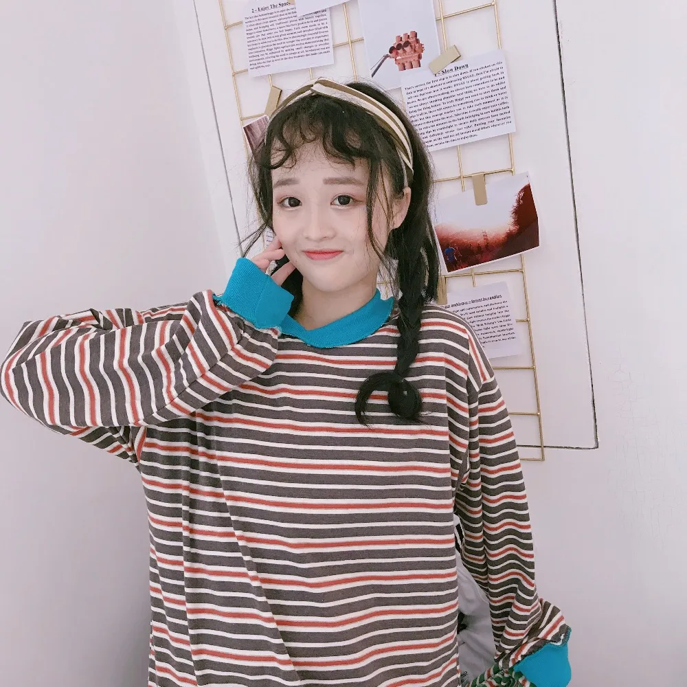 2020 Женская японская панк Harajuku Ulzzang Корейская полоска с отворотом свободная