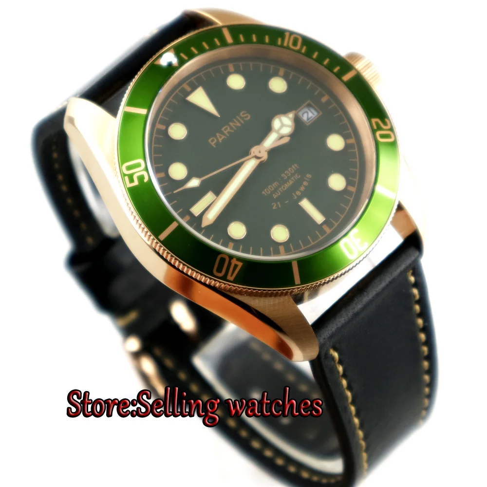

new Parnis 41mm Green dial super luminous date Rose gold case miyota 8215 Automatic mens Watch