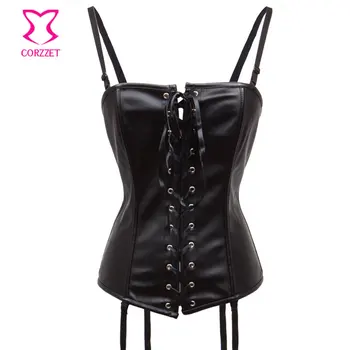 

Black Faux Leather Corset with Strap Lace Up Front Overbust Bustier Sexy Gothic Clothing Punk Rock Women Corsets and Bustiers