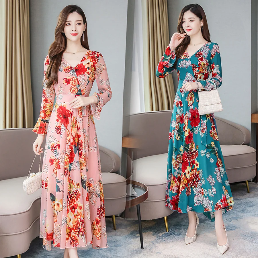 

2019 Vintage 3XL Plus Size Print Long Sleeve Maxi Dresses Autumn Winter Floral Chiffon Dress Elegant Women Bodycon Party Vestido